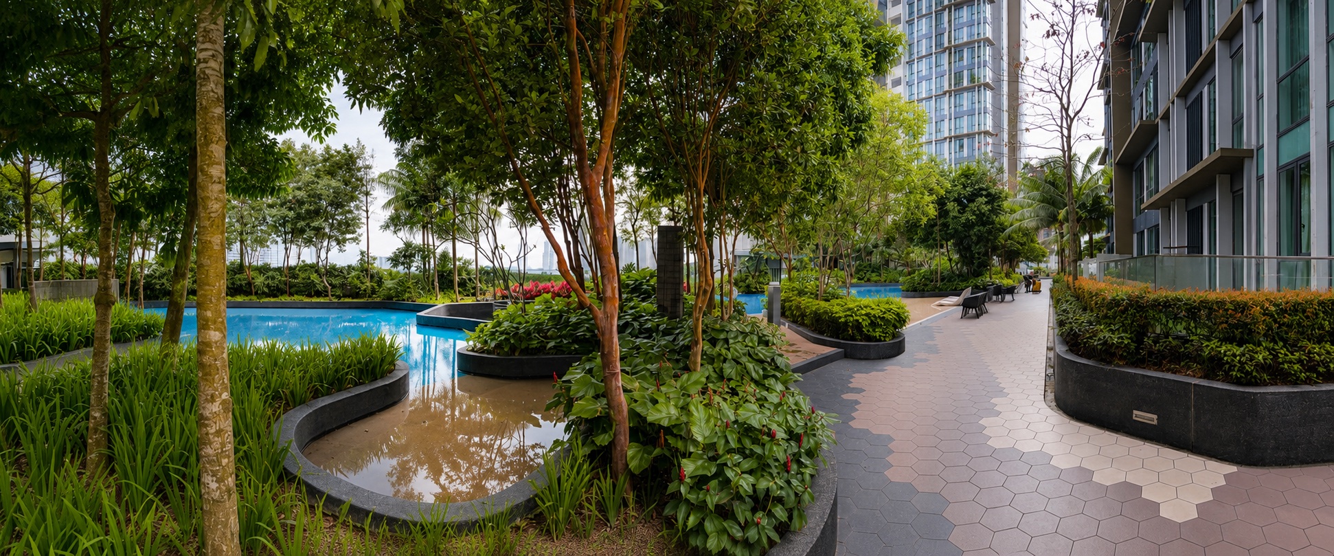 Actual landscaped gardens and pool at the student residence